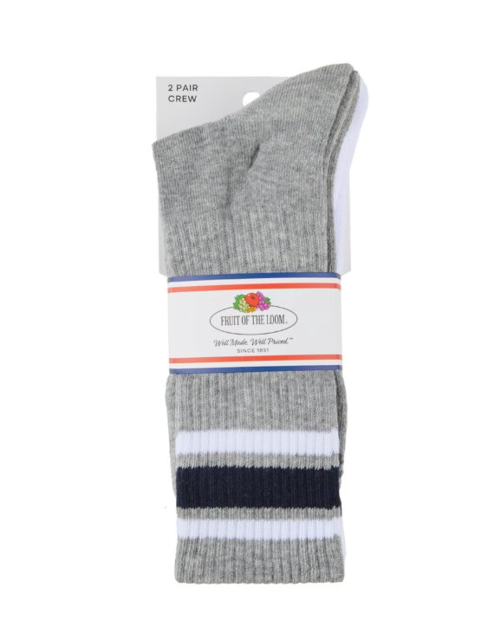 Fruit of the Loom Men’s Americana Crew Socks 2-Pack Sock Size 6-12 Gray/White